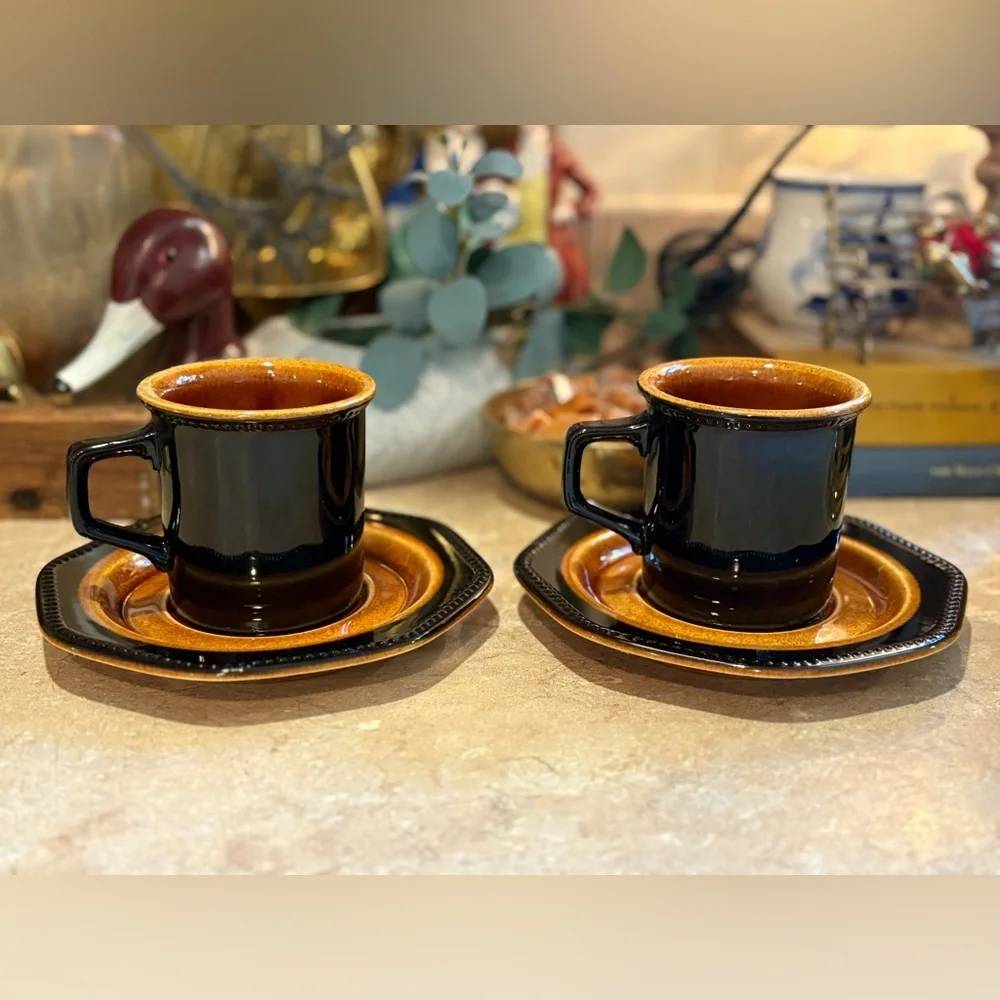 Vintage Sears Ironstone Octagon Amber Black and Brown Coffee Cup Set of 2
